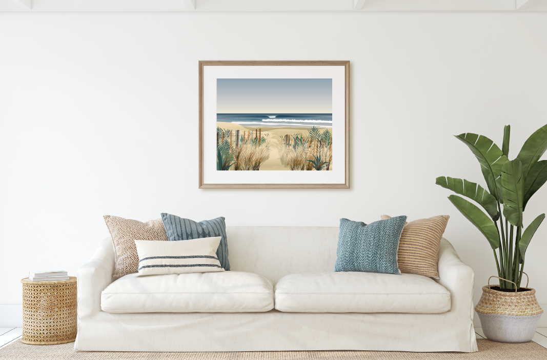 Affiche La Plage – dunes, ganivelles et océan – illustration bord de mer By Swelle.