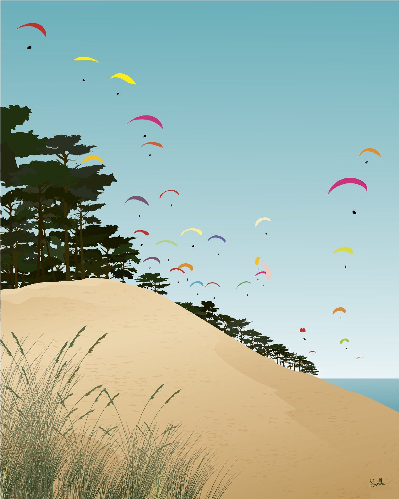La Dune en couleurs. Chaque année au printemps près de la dune du Pilat se joue un ballet coloré. Les parapentes sont de sortie et parsèment le ciel de multitudes de tâches de couleurs. Cette affiche au format est l'instant capté en tout début d'après midi. Vous pouvez également l'associer avec d'autres illustrations. 