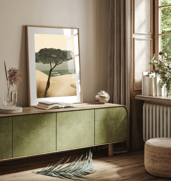 Affiche Pinus Pinaster – pin maritime solitaire sur fond de dunes – illustration By Swelle.