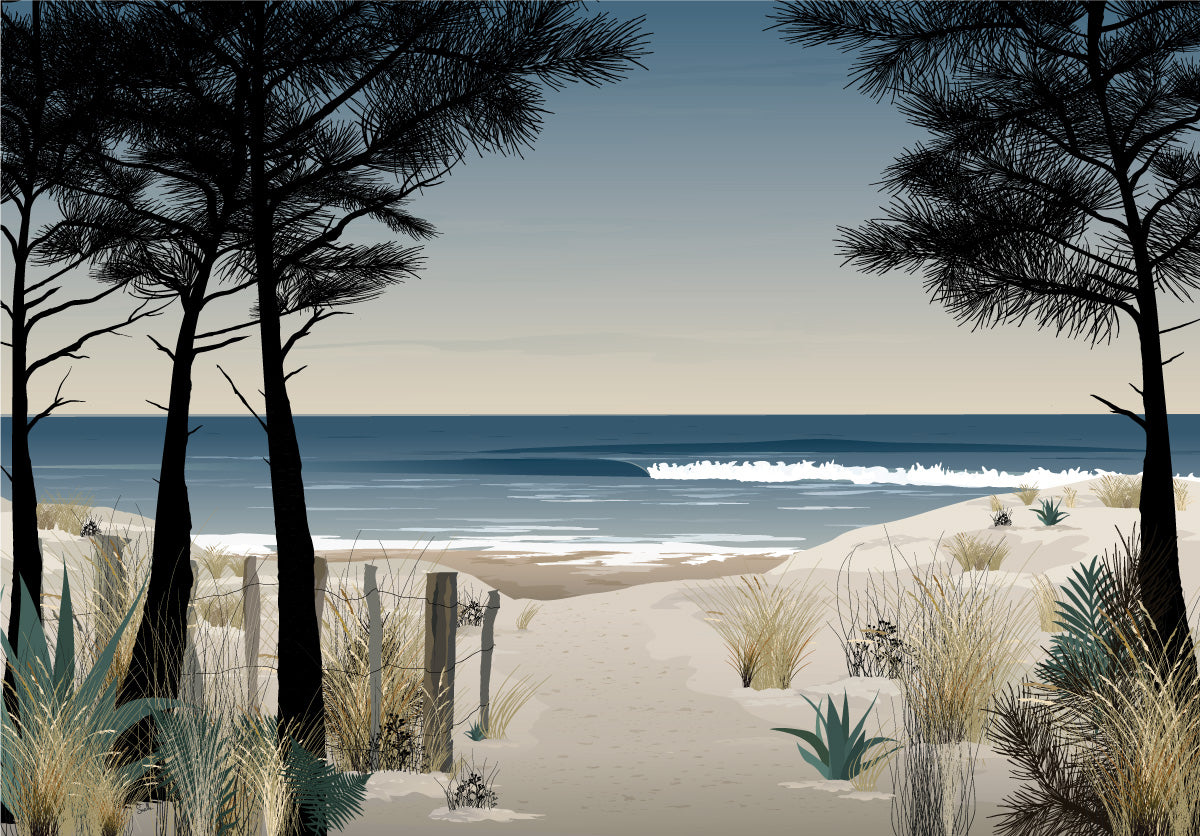 Papier peint Le Chemin – ganivelles et sentier côtier menant à l’océan – By Swelle.