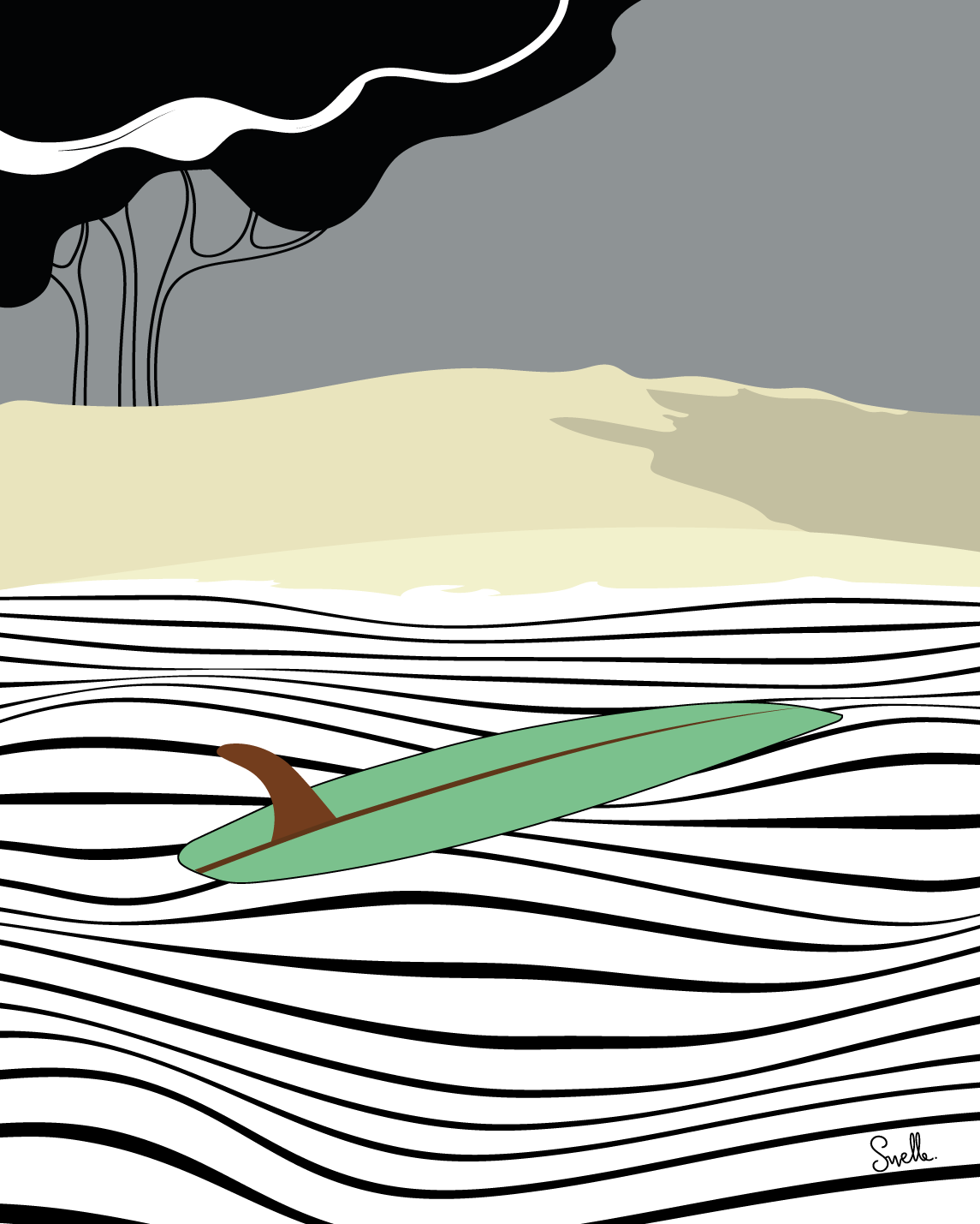 Affiche illustrée inspirée du surf. Modèle Slowly. Dimension 40 x50