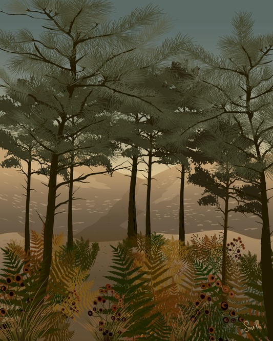 Affiche Again : couleurs d’automne et dune qui se dessine au fond. Illustration By Swelle, 50 × 70 cm, papier mat 300 g, vendue sans cadre.