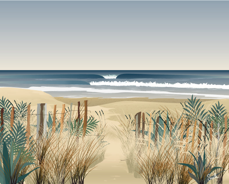 Affiche La Plage – dunes, ganivelles et océan – illustration bord de mer By Swelle.