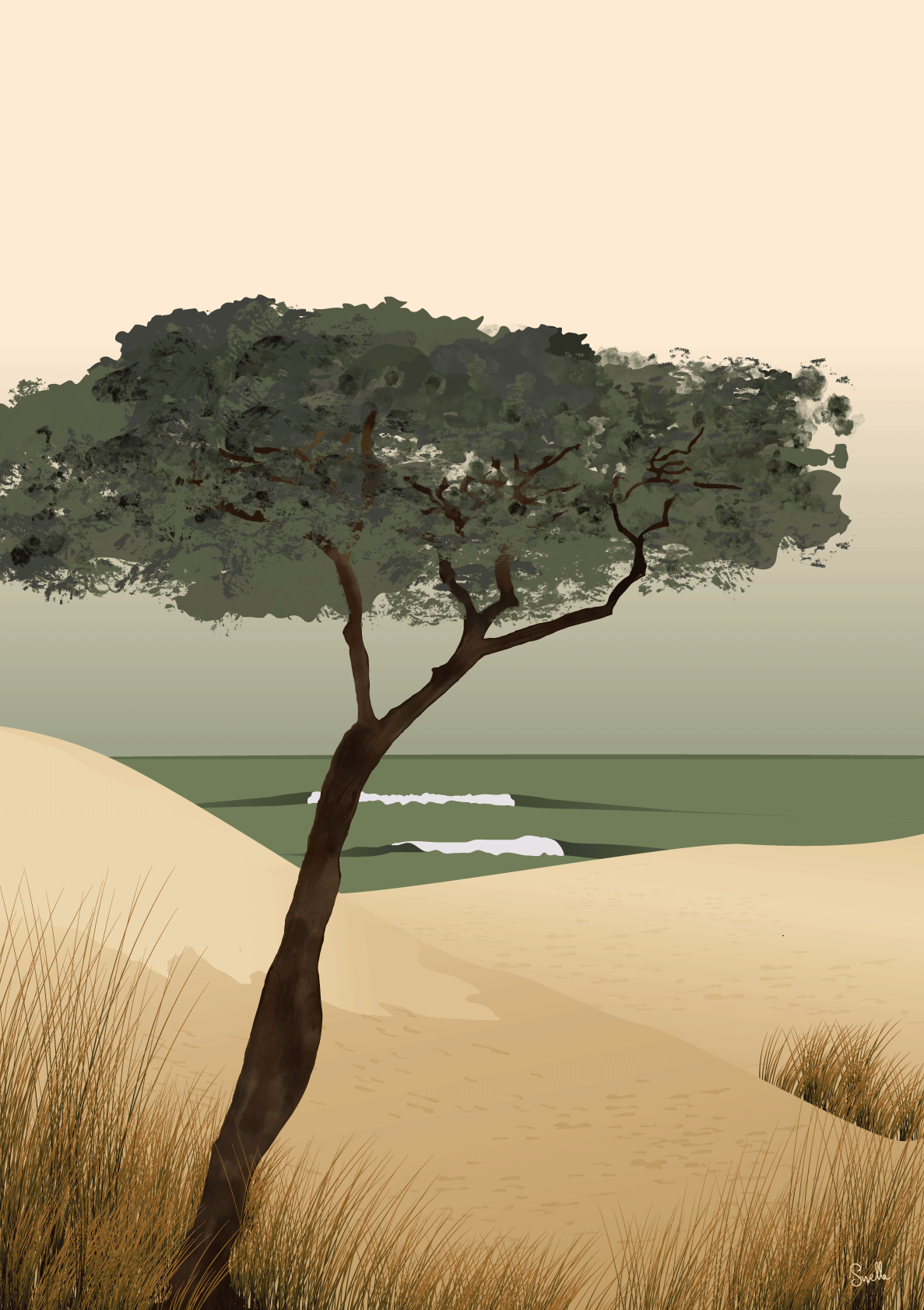 Pinus Pinaster. Un pin , la dune, des oyas et l’océan une affiche avec des couleurs douces pour sublimer votre intérieur. 