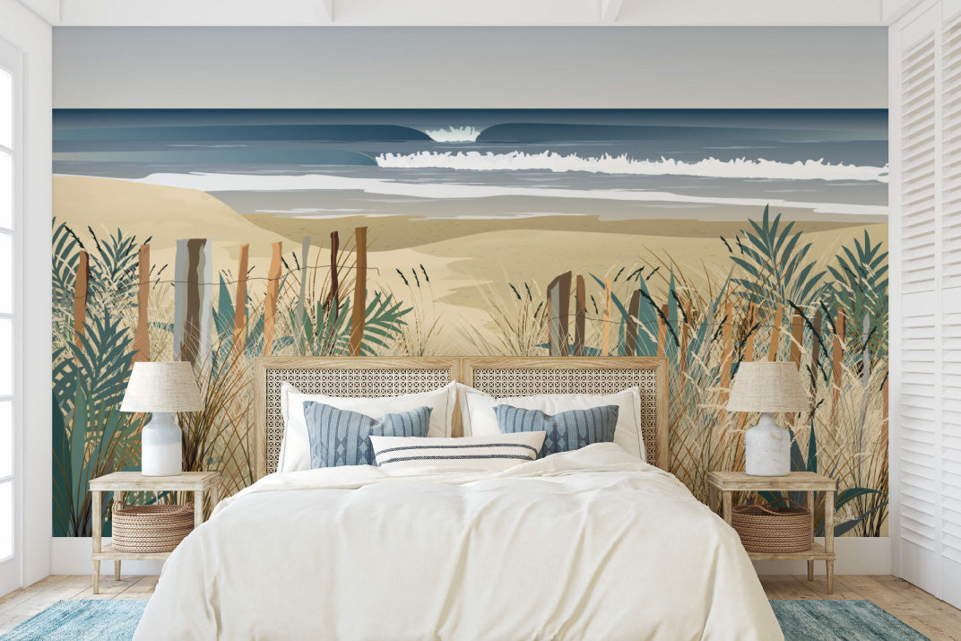 Papier peint panoramique La Plage – dunes, ganivelles et océan – By Swelle.