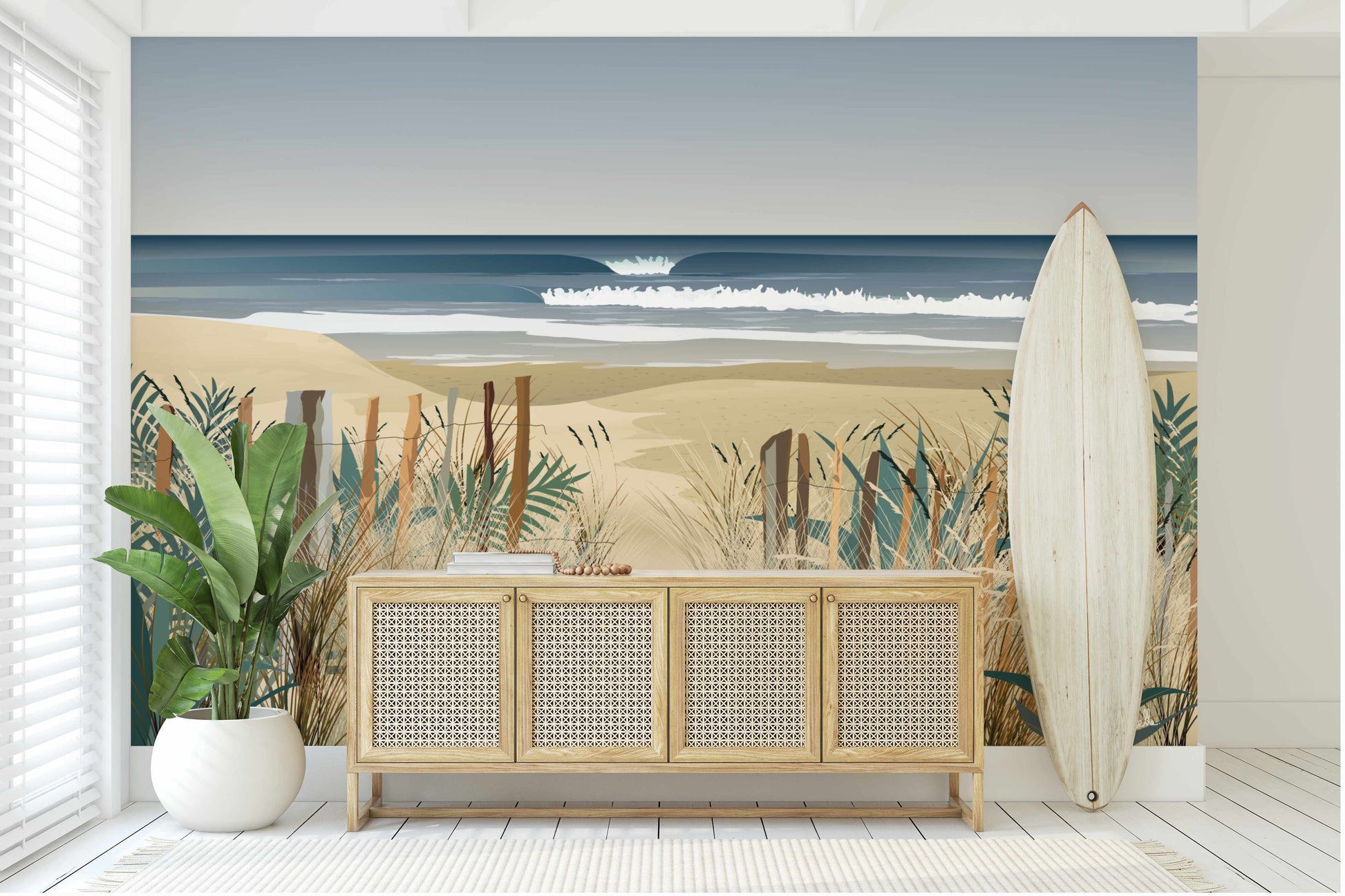 Papier peint panoramique La Plage – dunes, ganivelles et océan – By Swelle.