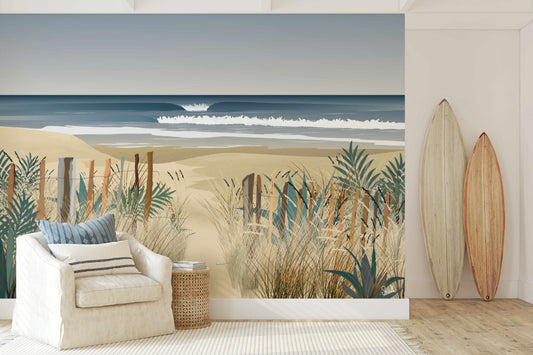 Papier peint panoramique La Plage – dunes, ganivelles et océan – By Swelle.
